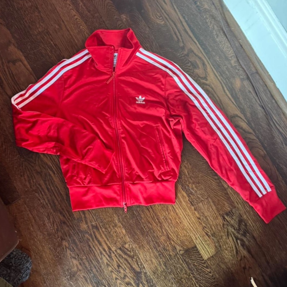 Adidas Red Track Jacket with White Three Stripes